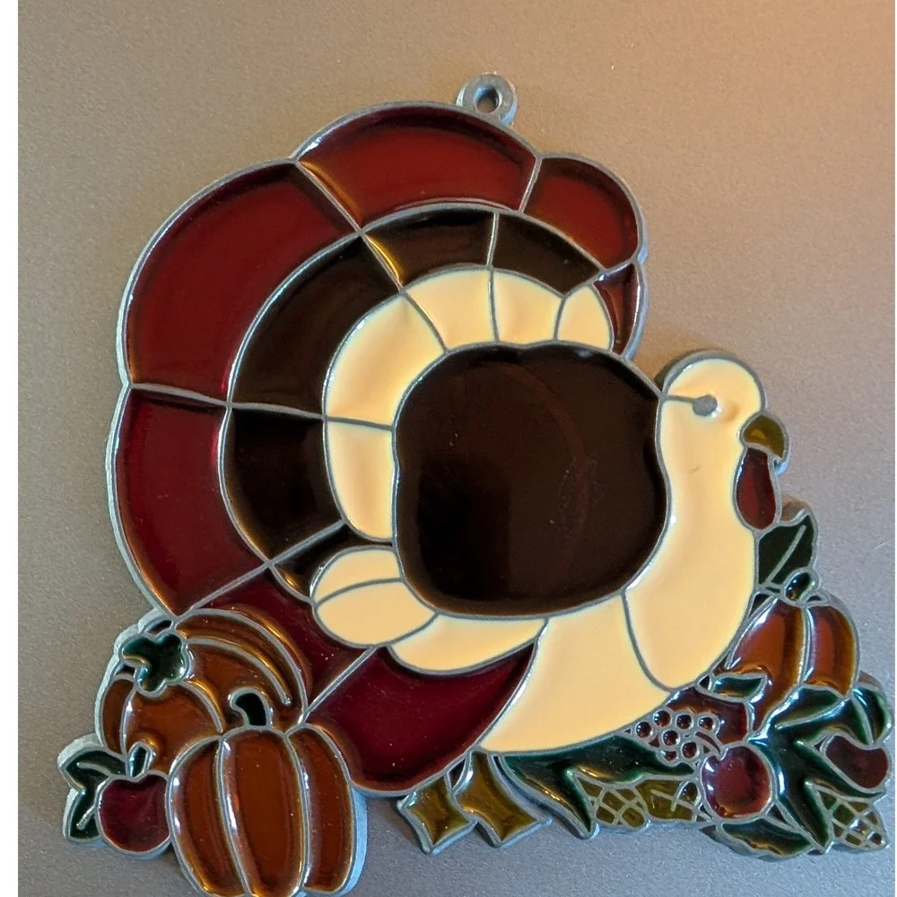 Vintage Turkey Pumpkin Faux Stained Glass Suncatcher Fall Decor Red Brown Cream